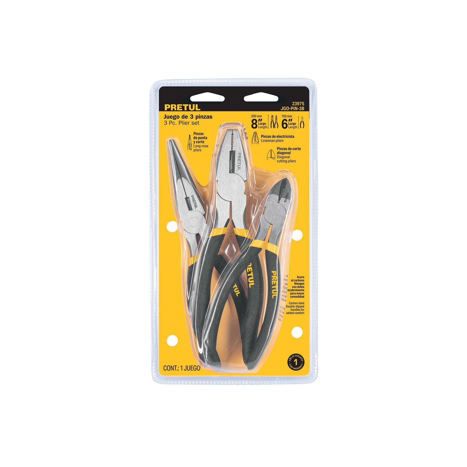 "JUEGO DE 3 PINZAS, 2 DE 6"" Y 1 DE 8"", MANGOS DE PVC, PRETUL"
