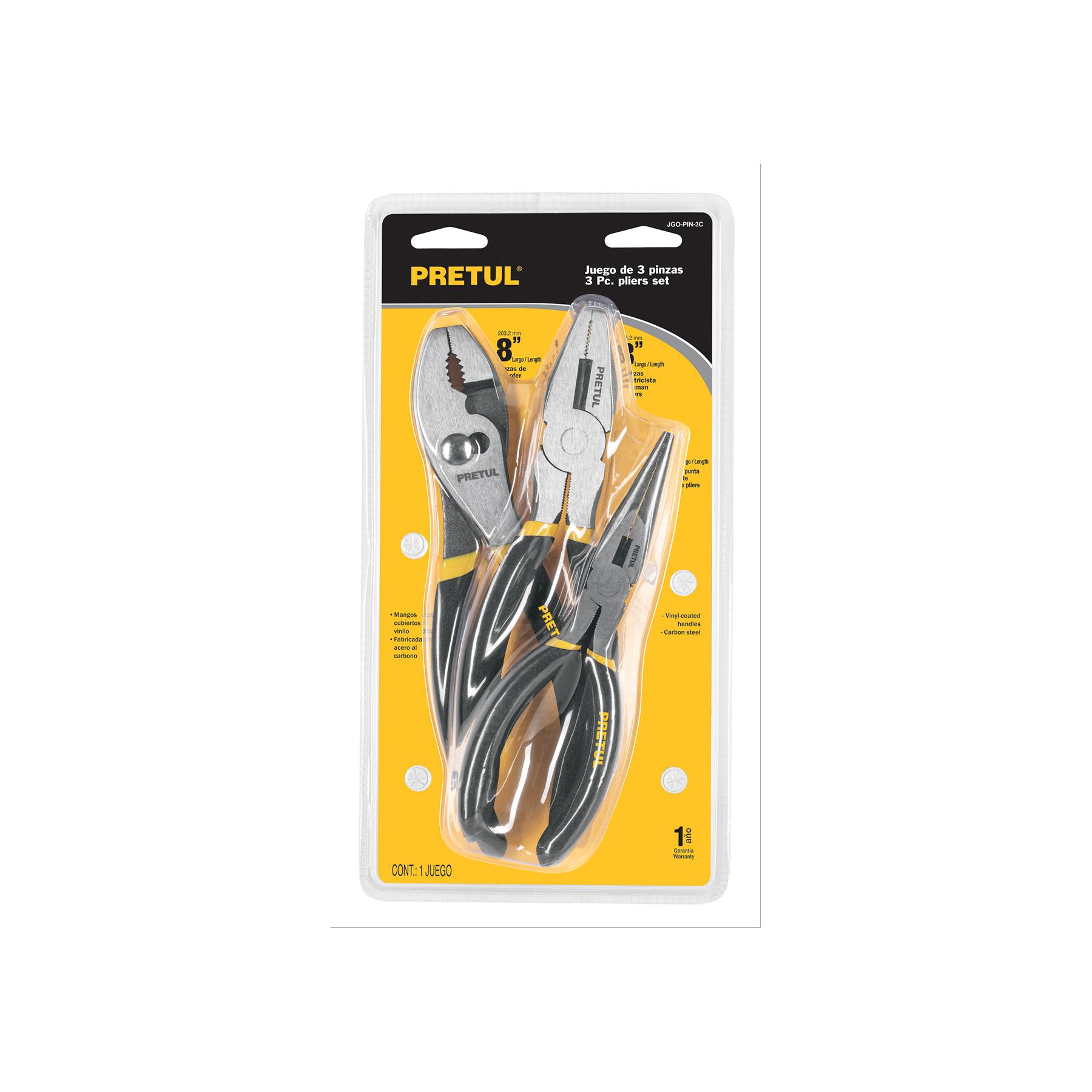 JUEGO DE 3 PINZAS, MANGOS DE PVC, PRETUL