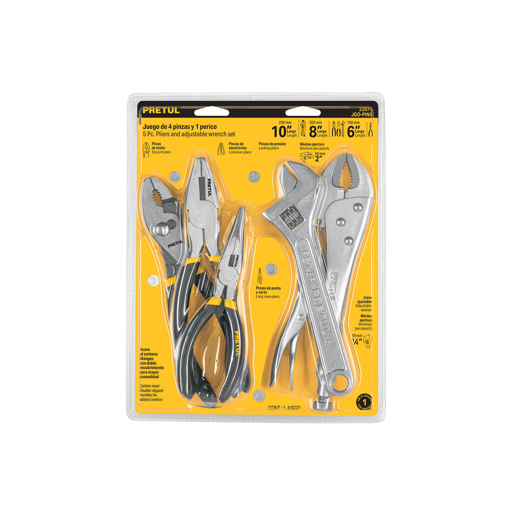 JUEGO DE 4 PINZAS Y 1 LLAVE AJUSTABLE MANGO DE VINIL, PRETUL