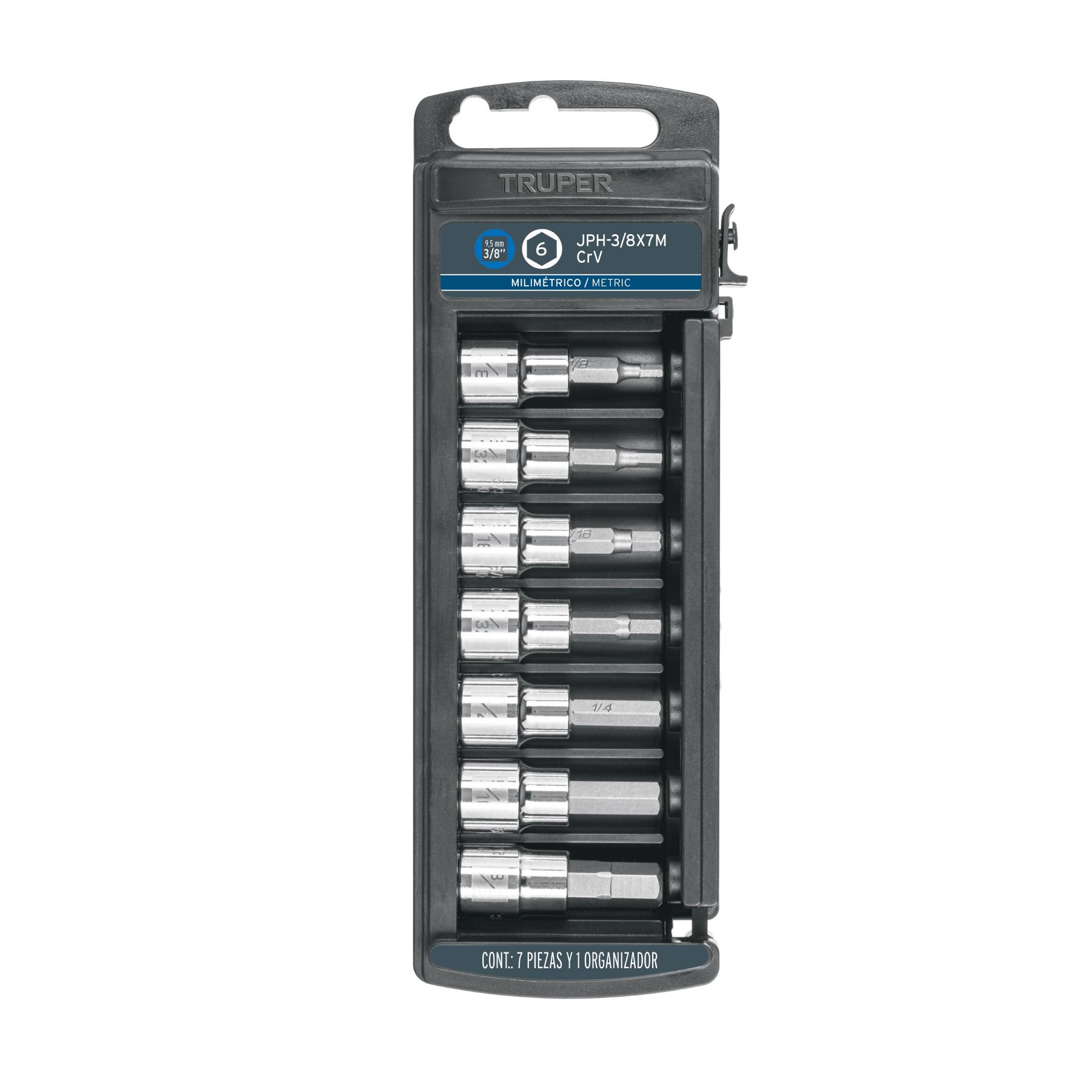 "JUEGO DE 7 DADOS CUADRO 3/8"" PUNTA HEXAGONAL MM, TRUPER"