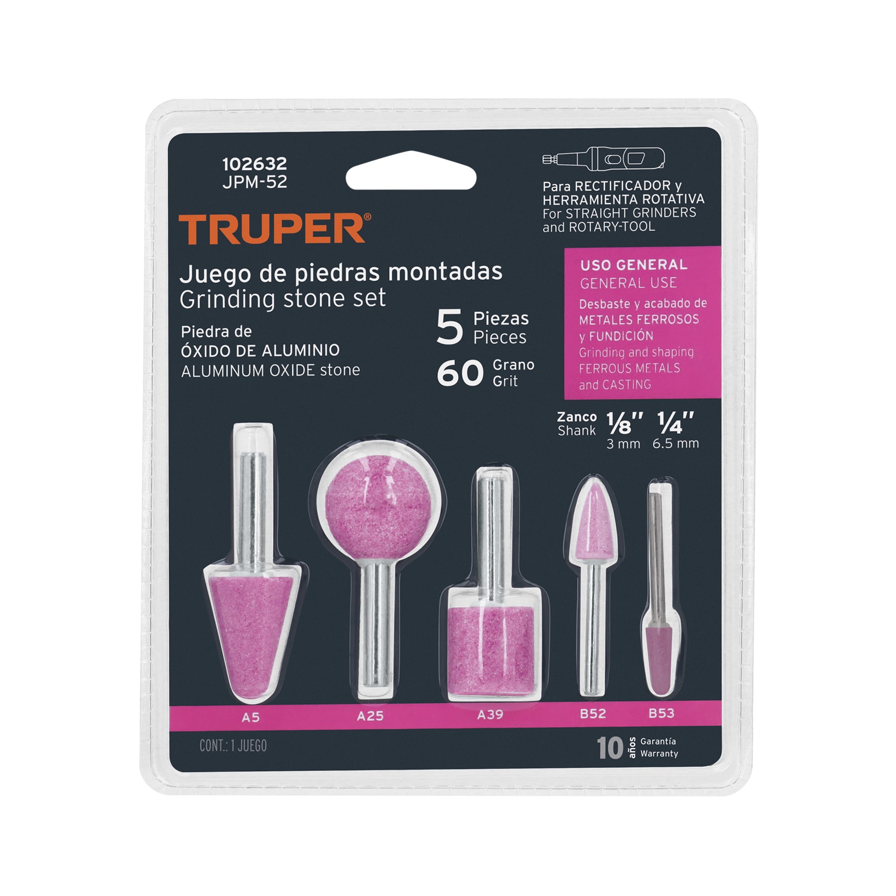 "JUEGO DE 5 PIEDRAS MONTADAS ZANCO 1/4"" Y 1/8"" DE OXIDO DE ALUMINIO, USO GENERAL"