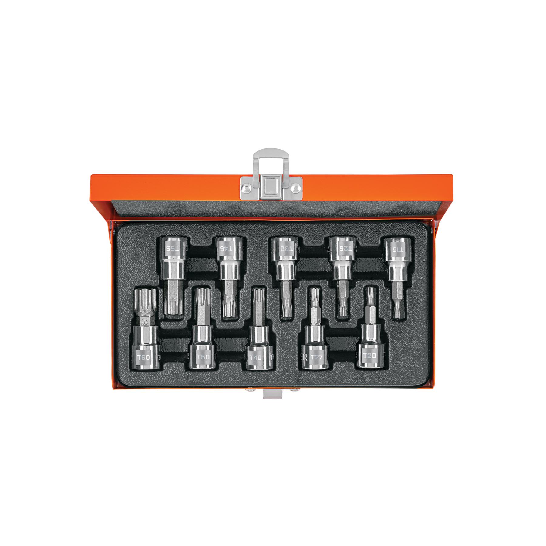 "JUEGO DE 10 DADOS CUADRO 3/8"" PUNTA TORX, ESTUCHE METÁLICO"