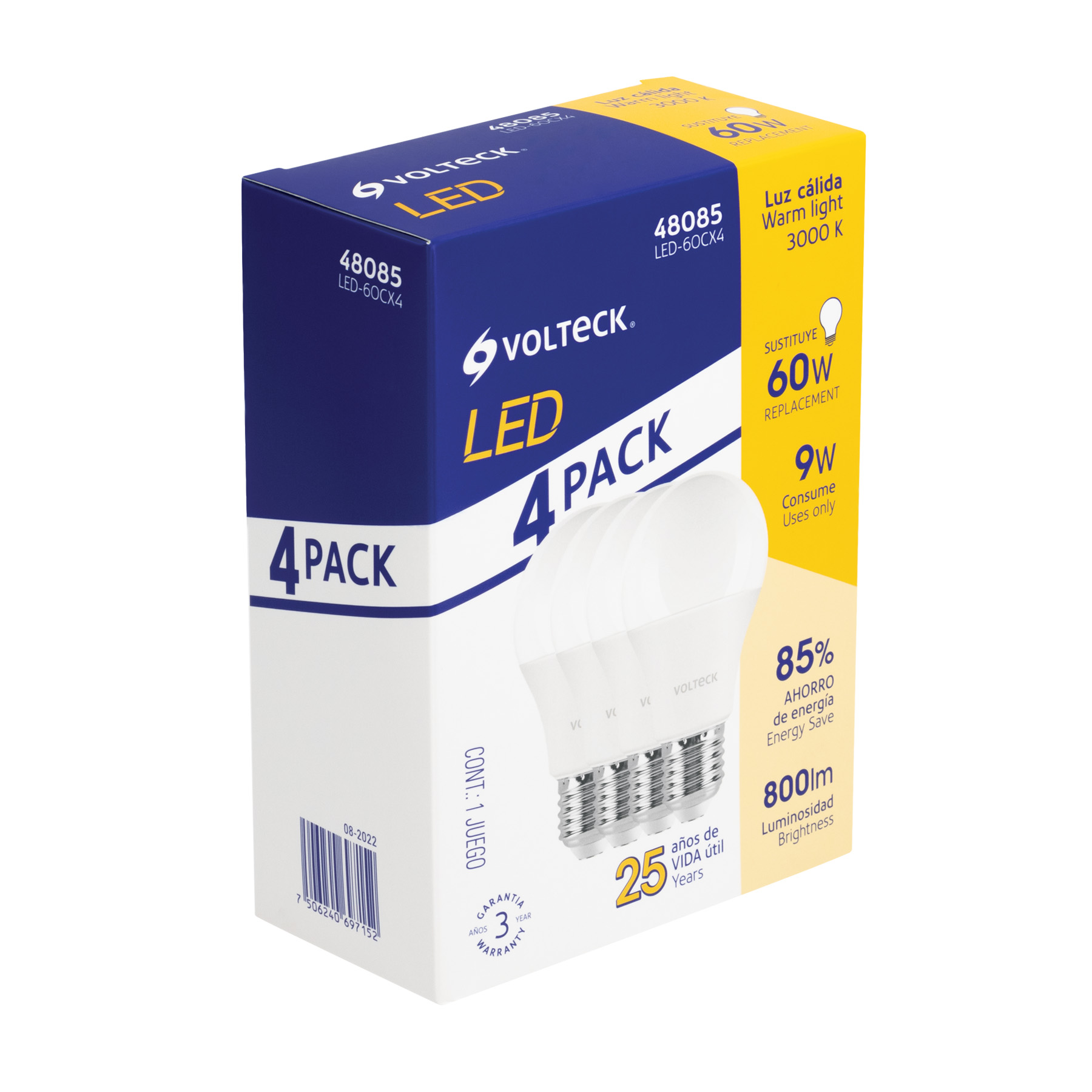 PACK DE 4 LÁMPARAS LED A19 9 W (EQUIV. 60 W), LUZ CÁLIDA
