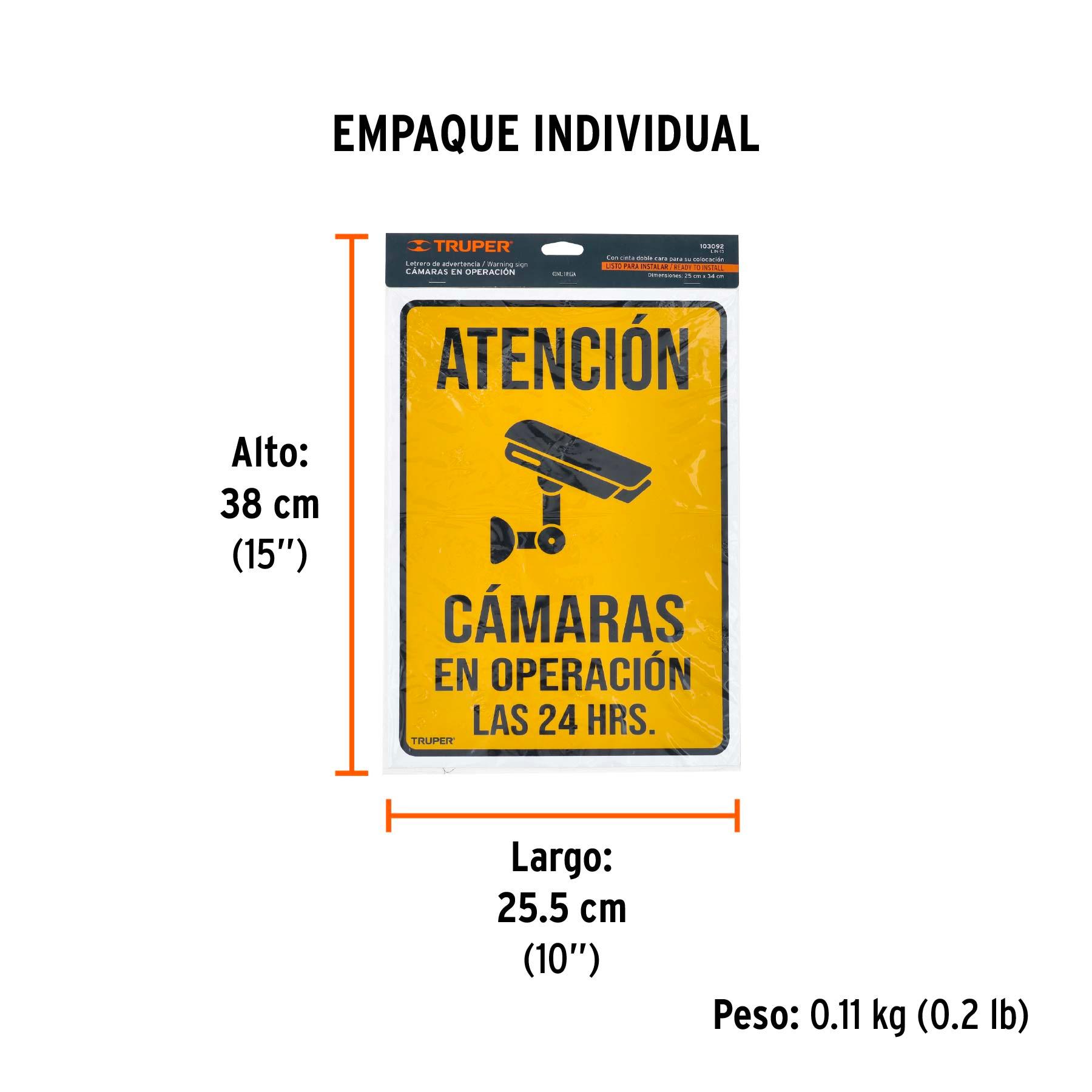 "LETRERO DE SEÑALIZACIÓN ""CÁMARAS EN OPERACIÓN"", 25 X 34 CM"