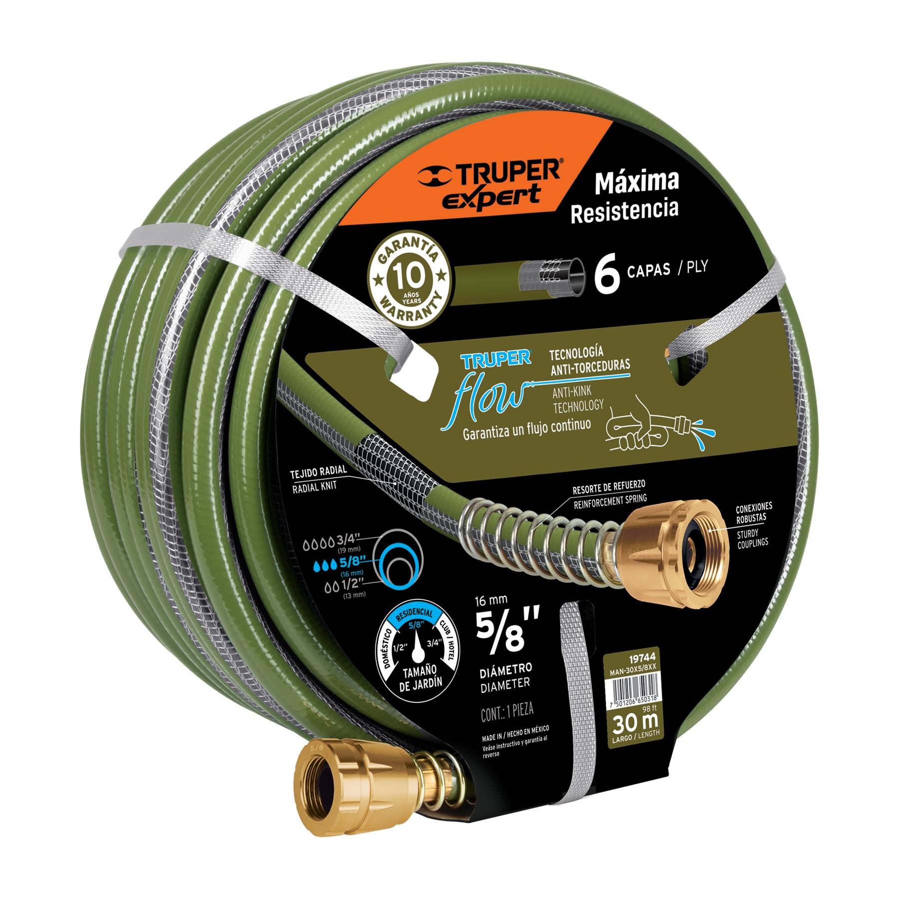 "MANGUERA 5/8"" ANTI-TORCEDURAS 6 CAPAS 30M CONEXIONES D/METAL"