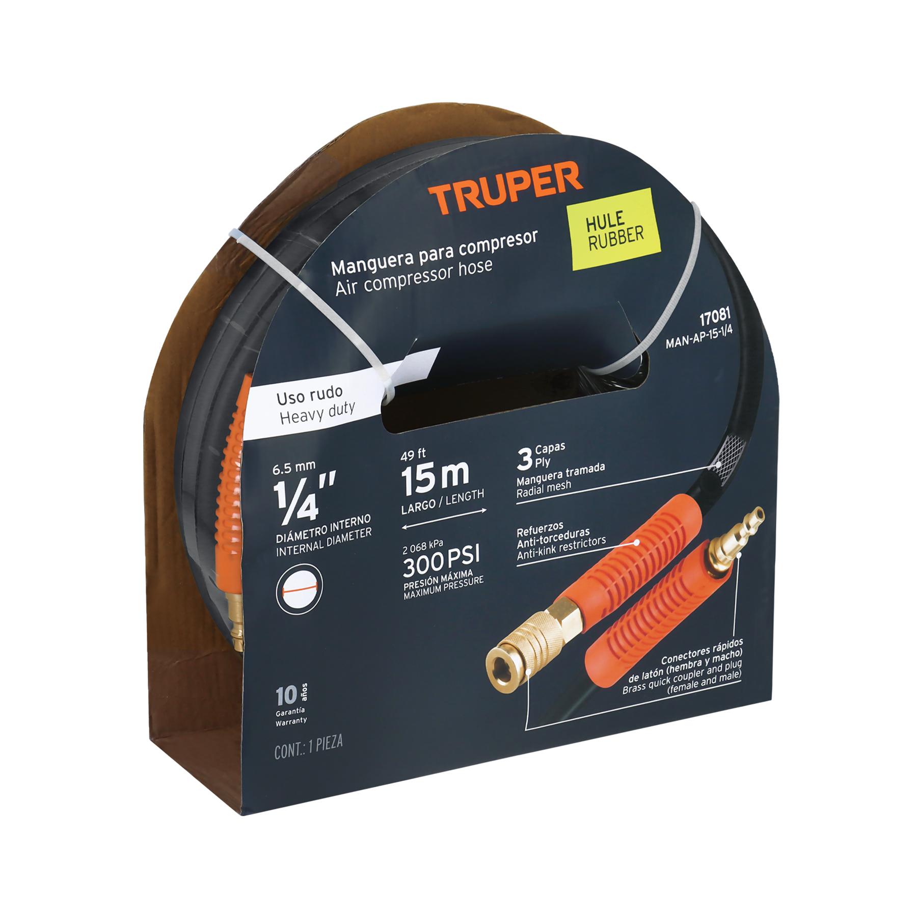 "MANGUERA PARA COMPRESOR, DE HULE, 15M X 1/4"", TRUPER"