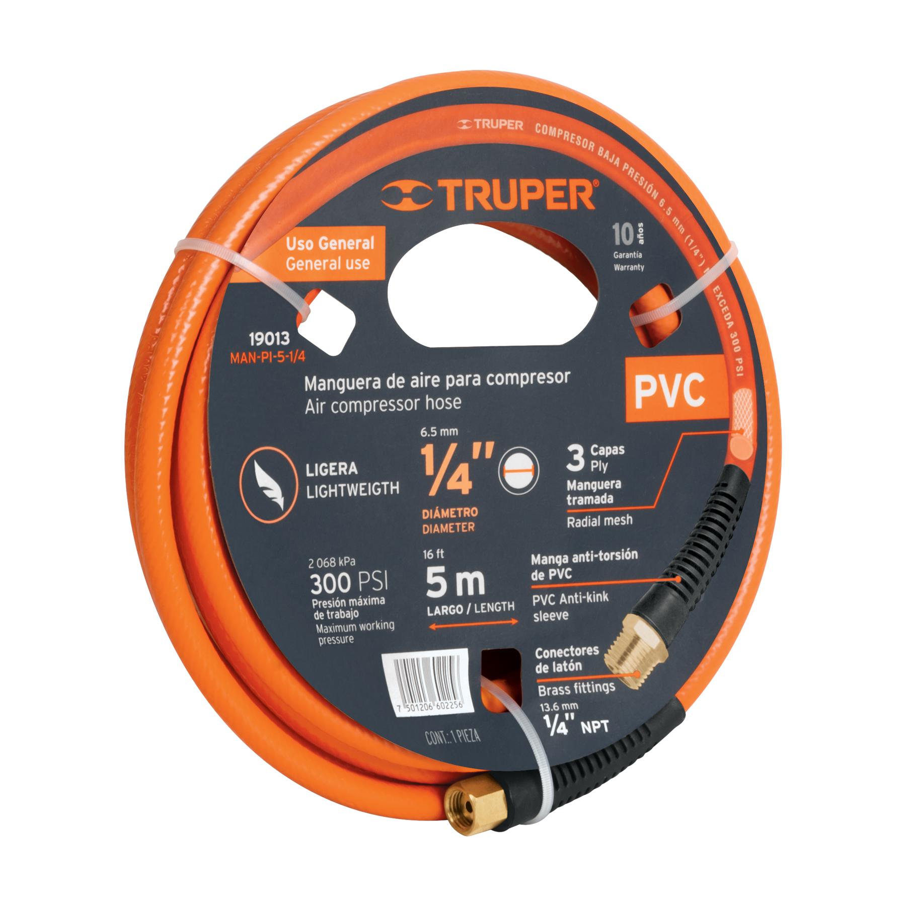 "MANGUERA PARA COMPRESOR, DE PVC, 5M X 1/4"", TRUPER"