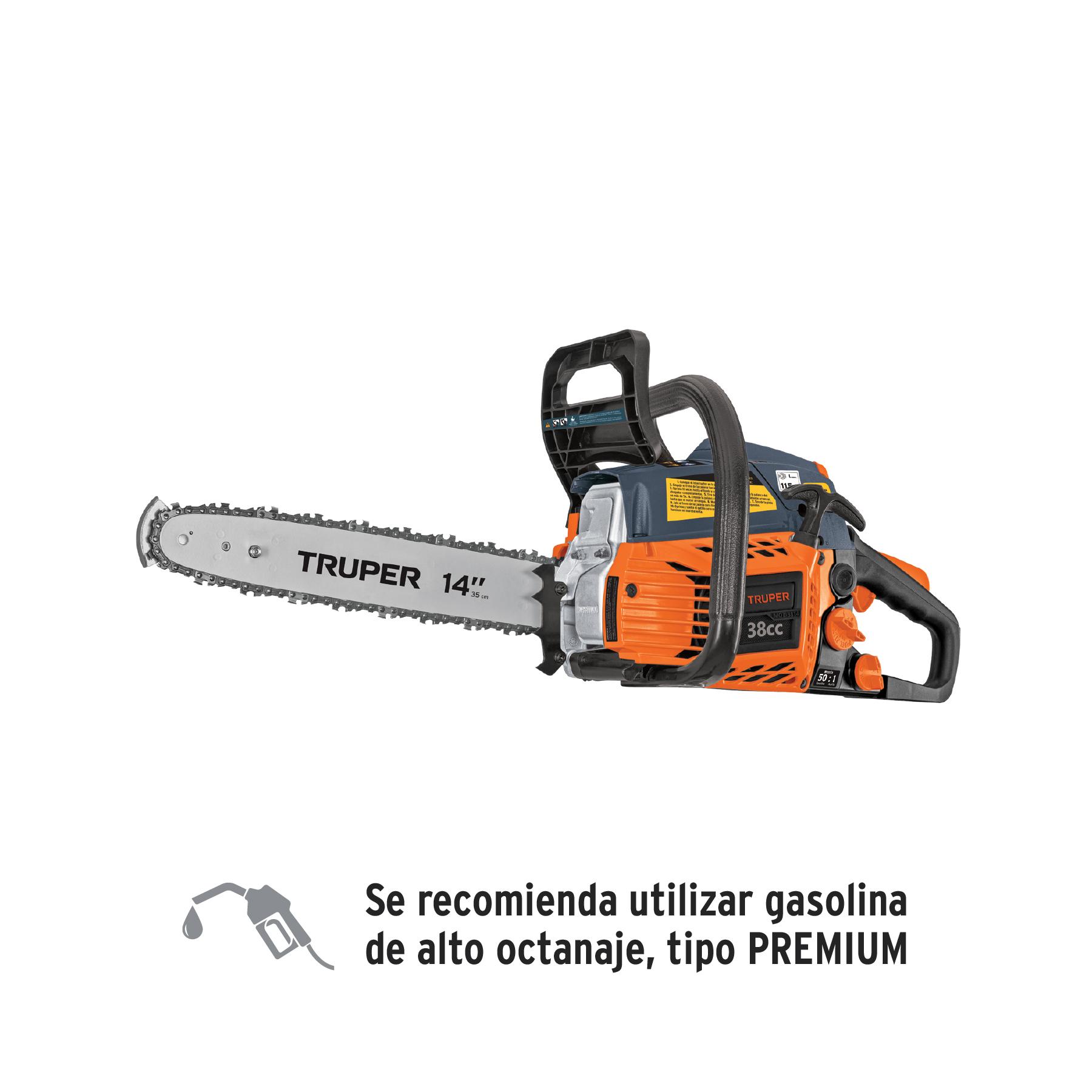 "MOTOSIERRA 38 CC A GASOLINA CON BARRA DE 14"", TRUPER"