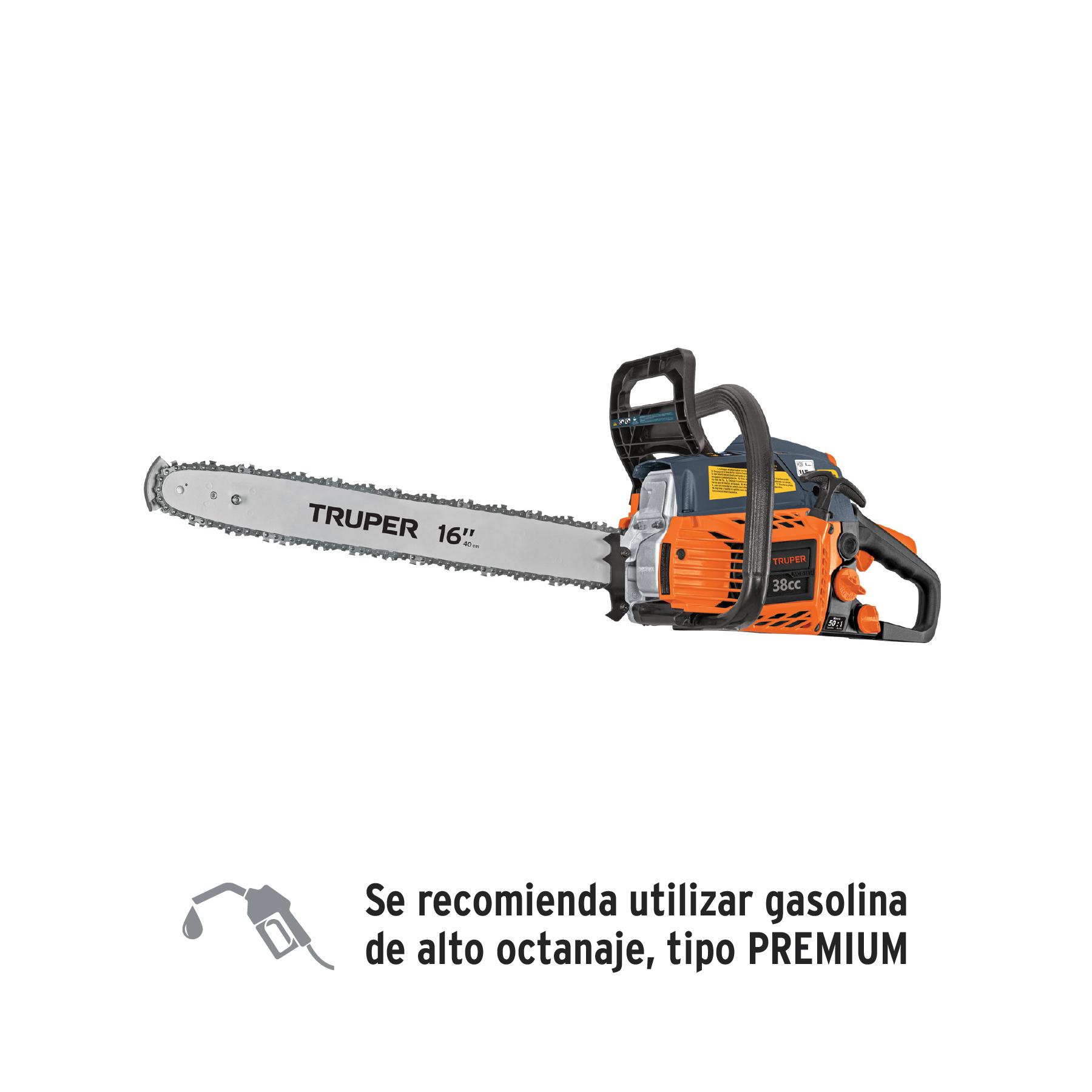 "MOTOSIERRA 38 CC A GASOLINA CON BARRA DE 16"", TRUPER"