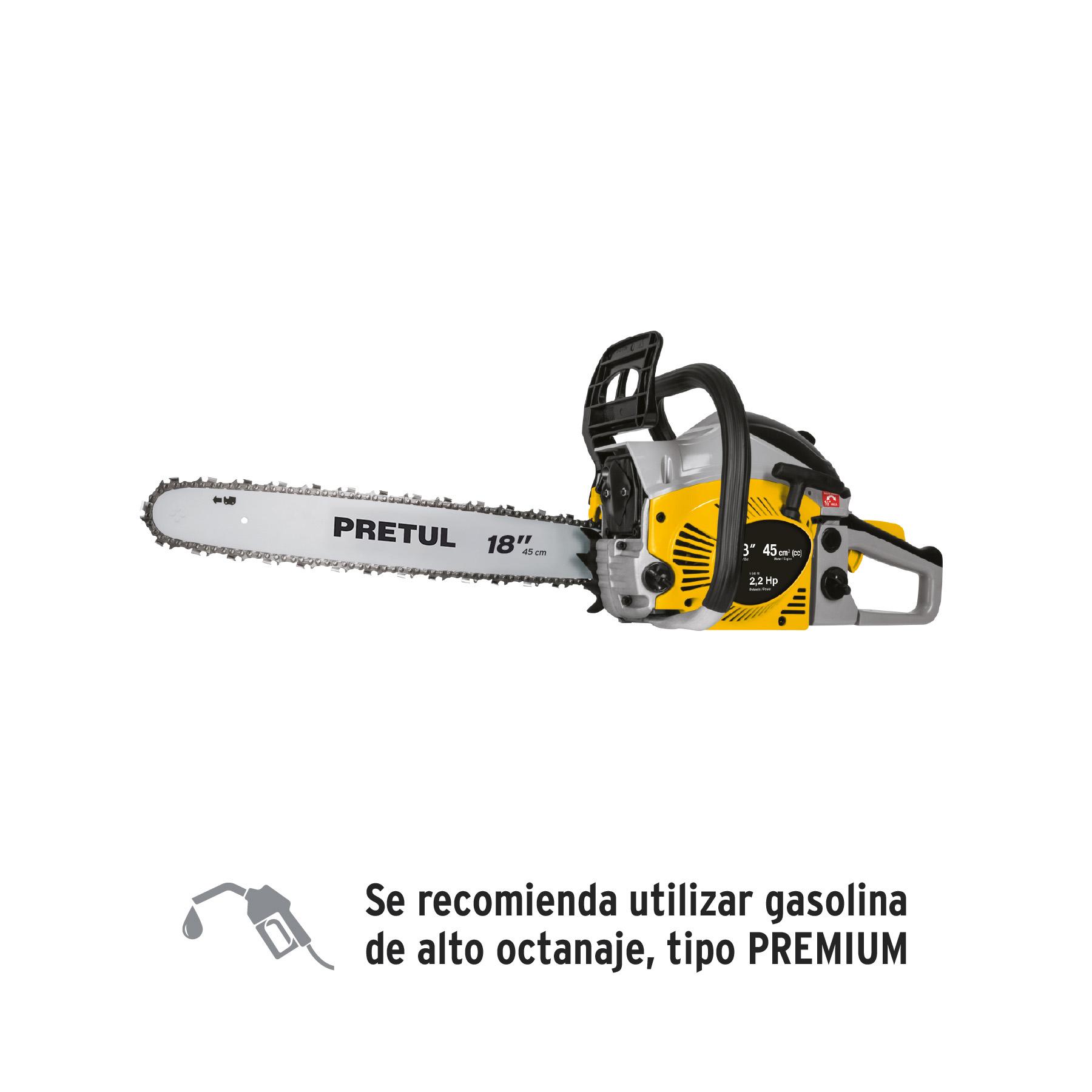 "MOTOSIERRA 45 CC A GASOLINA CON BARRA DE 18"", PRETUL"