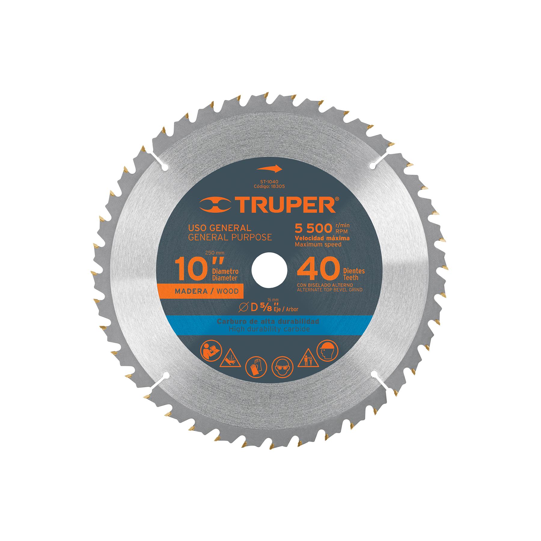 "DISCO SIERRA 10"" PARA MADERA, 40 DIENTES CENTRO 5/8"", TRUPER"