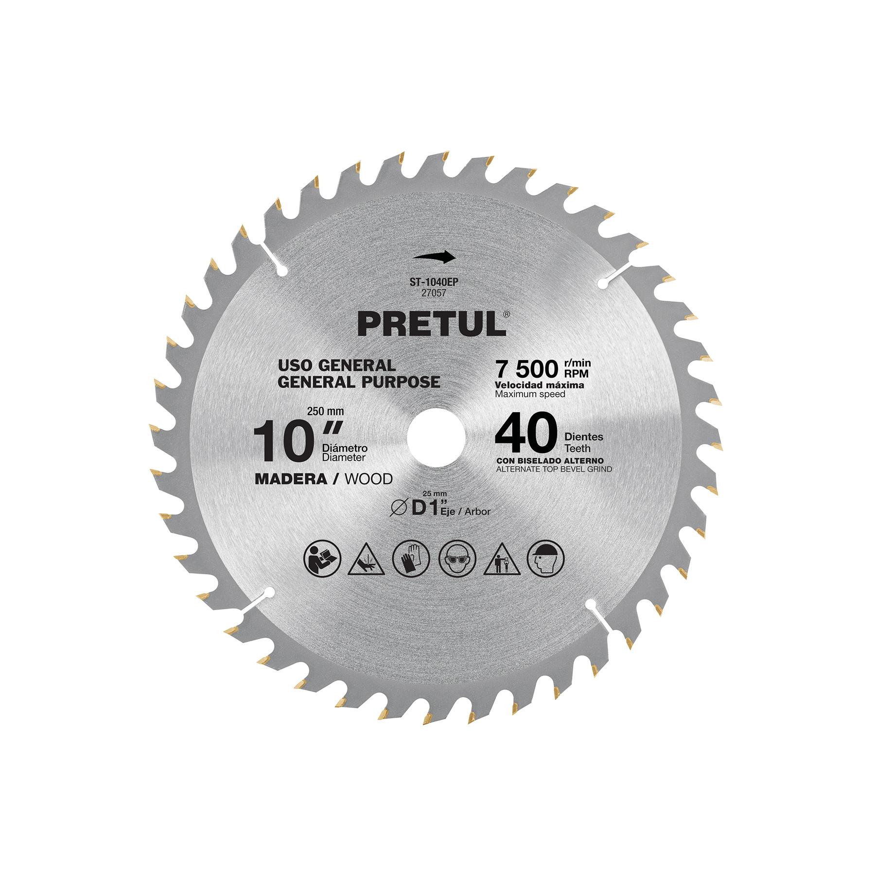 "DISCO SIERRA 10"" PARA MADERA, 40 DIENTES CENTRO 1"", PRETUL"