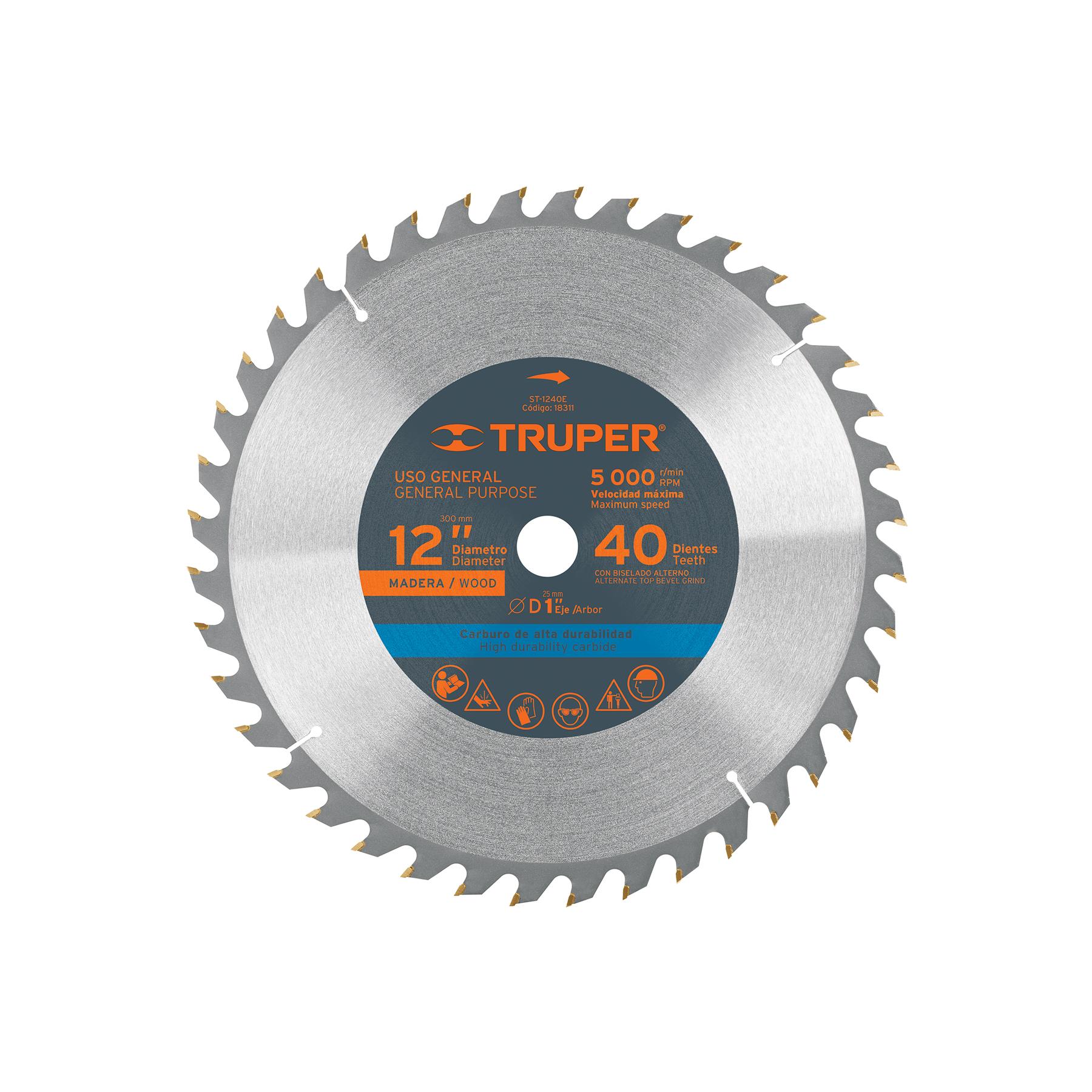 "DISCO SIERRA 12"" PARA MADERA, 40 DIENTES CENTRO 1"", TRUPER"