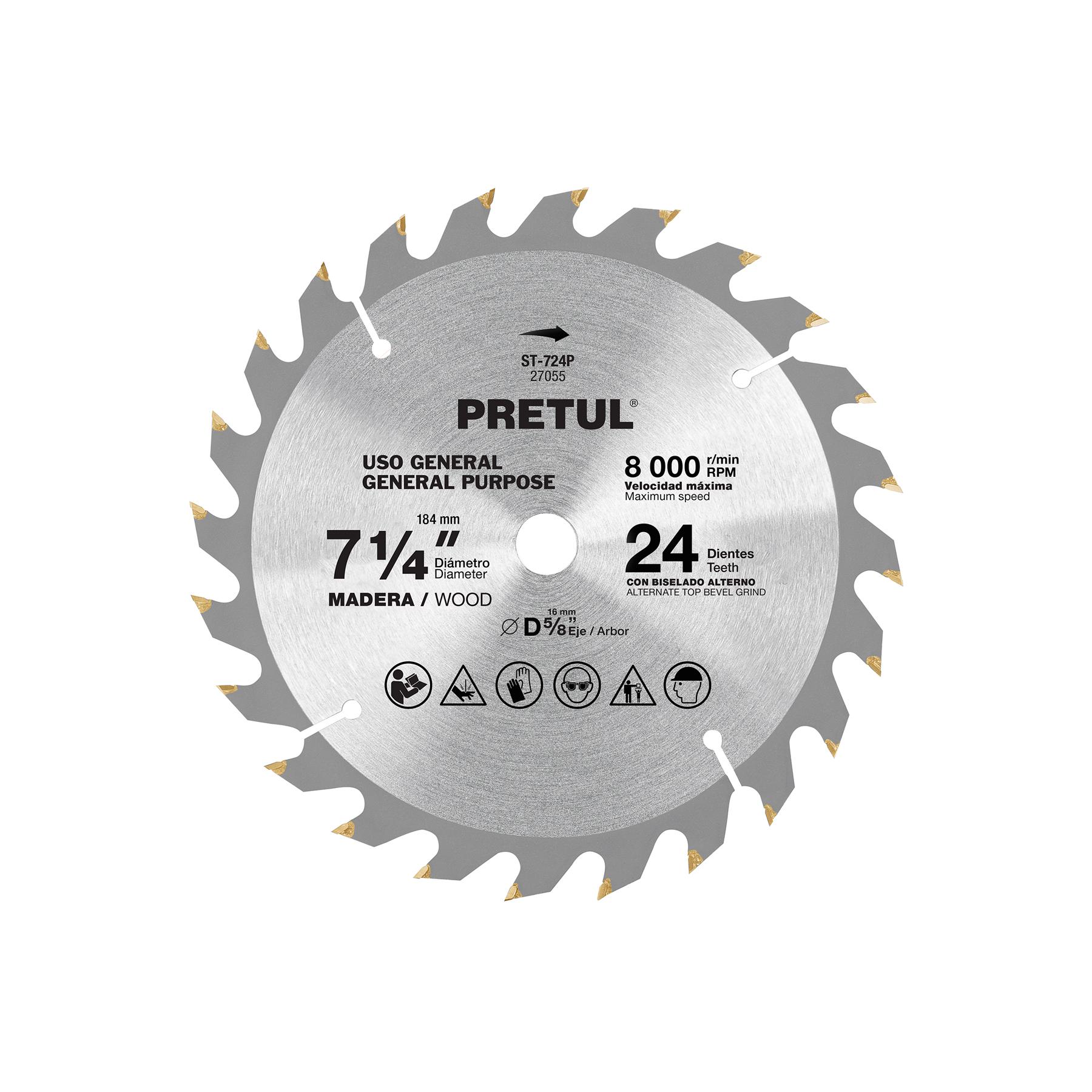 "DISCO SIERRA 7-1/4"" P/MADERA, 24 DIENTES CENTRO 5/8"", PRETUL"