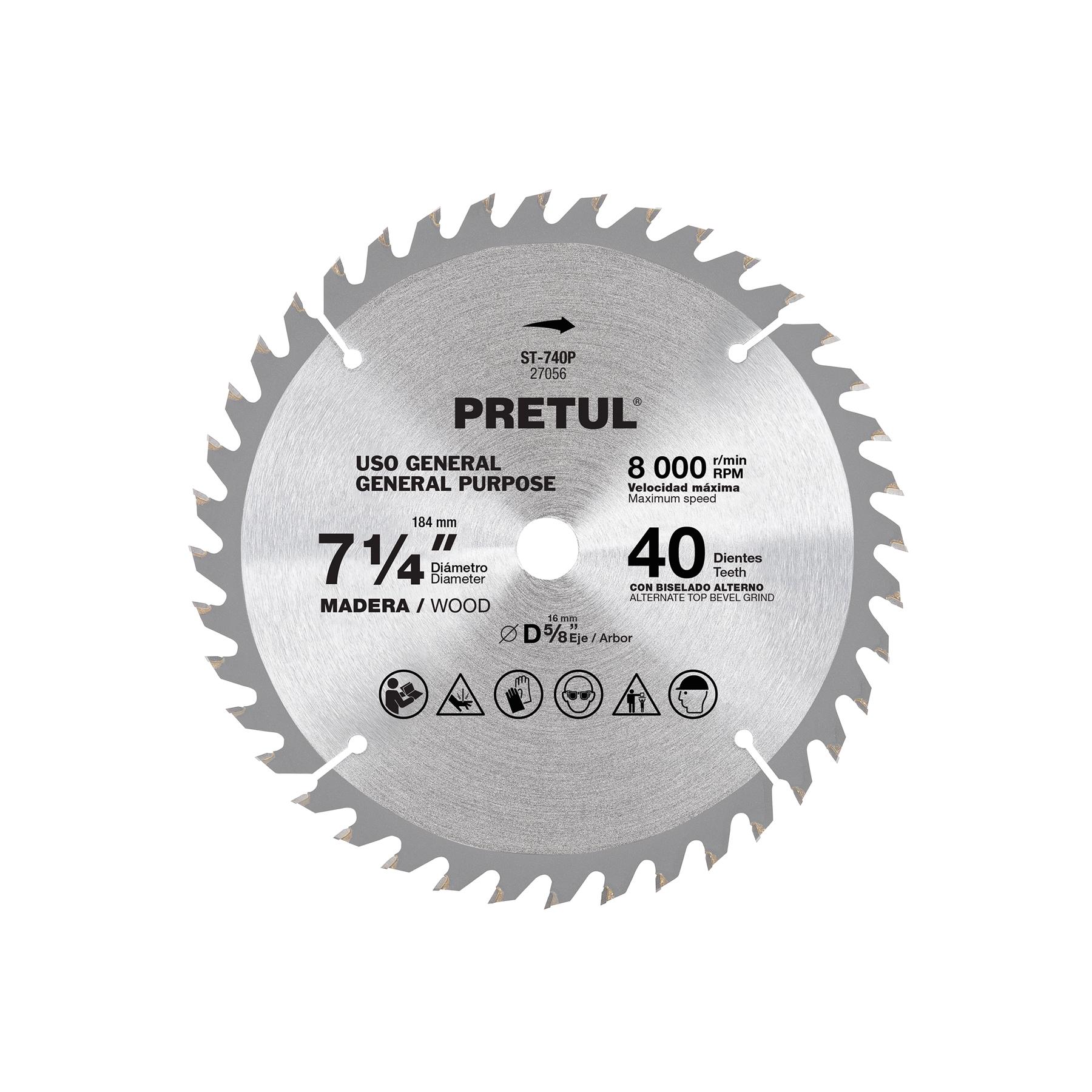 "DISCO SIERRA 7-1/4"" P/MADERA, 40 DIENTES CENTRO 5/8"", PRETUL"