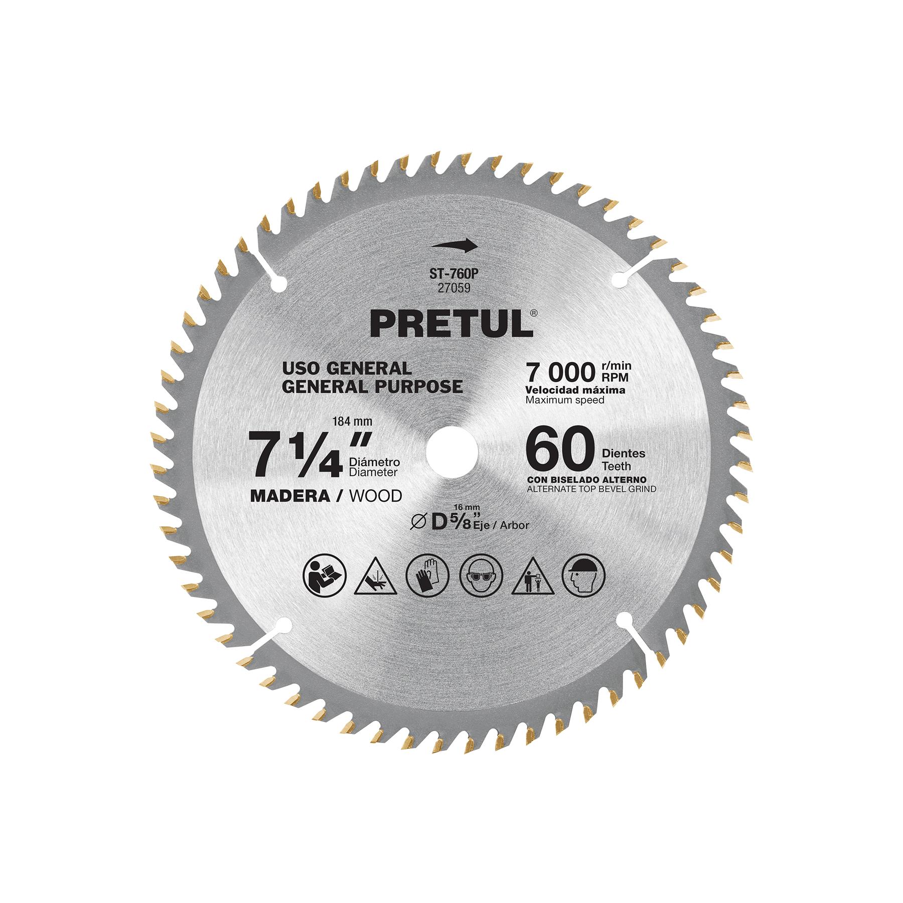 "DISCO SIERRA 7-1/4"" P/MADERA, 60 DIENTES CENTRO 5/8"", PRETUL"