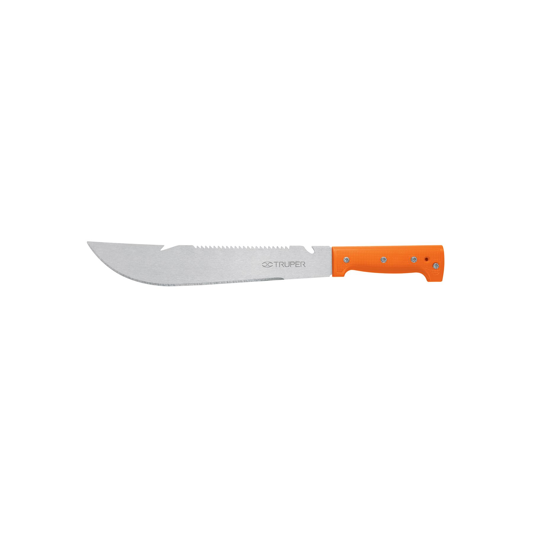 "MACHETE RAMBO 12"",CACHA REMACHADA NARANJA, CON FUNDA, TRUPER"