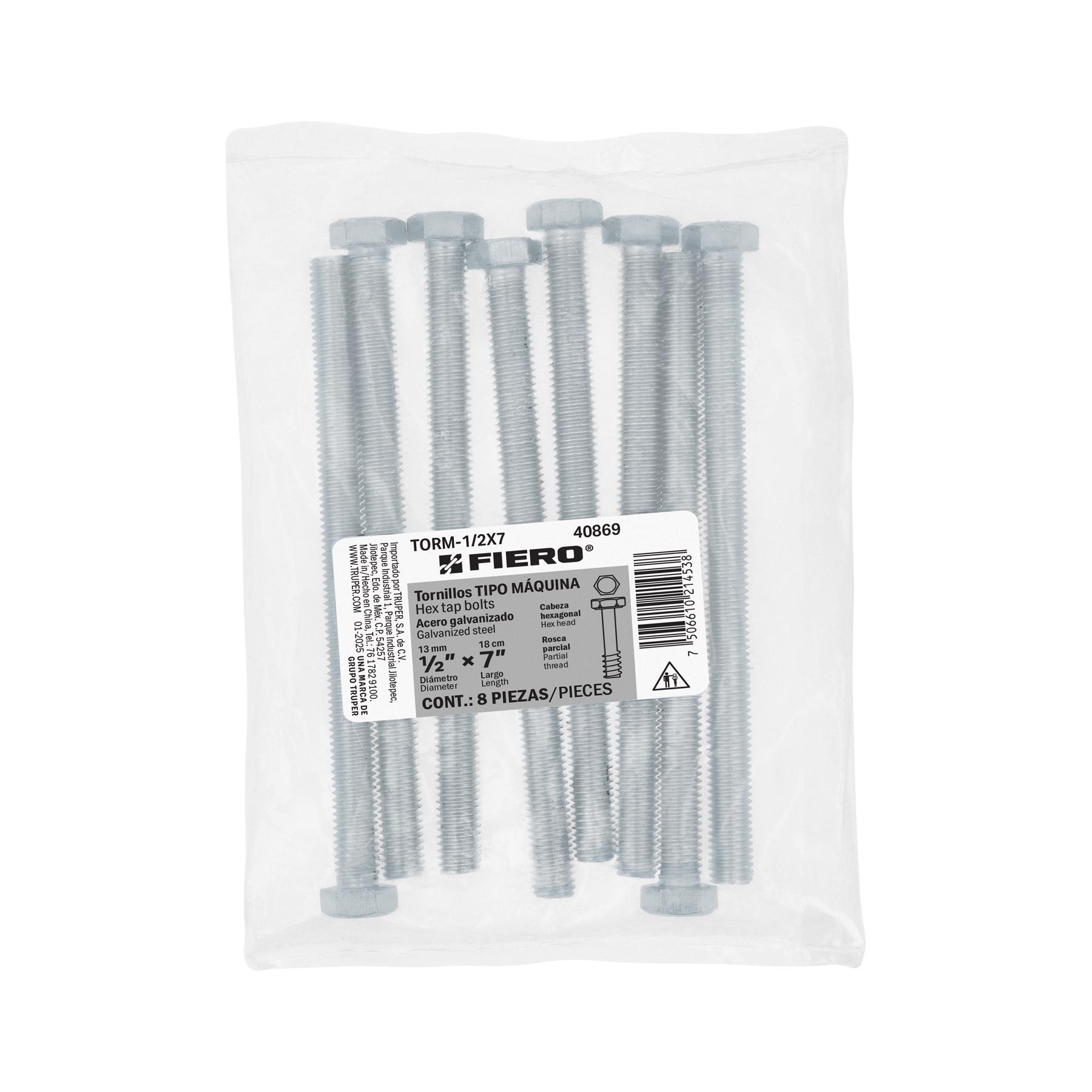 "BOLSA CON 8 TORNILLOS 1/2"" X 7"" TIPO MÁQUINA, FIERO"