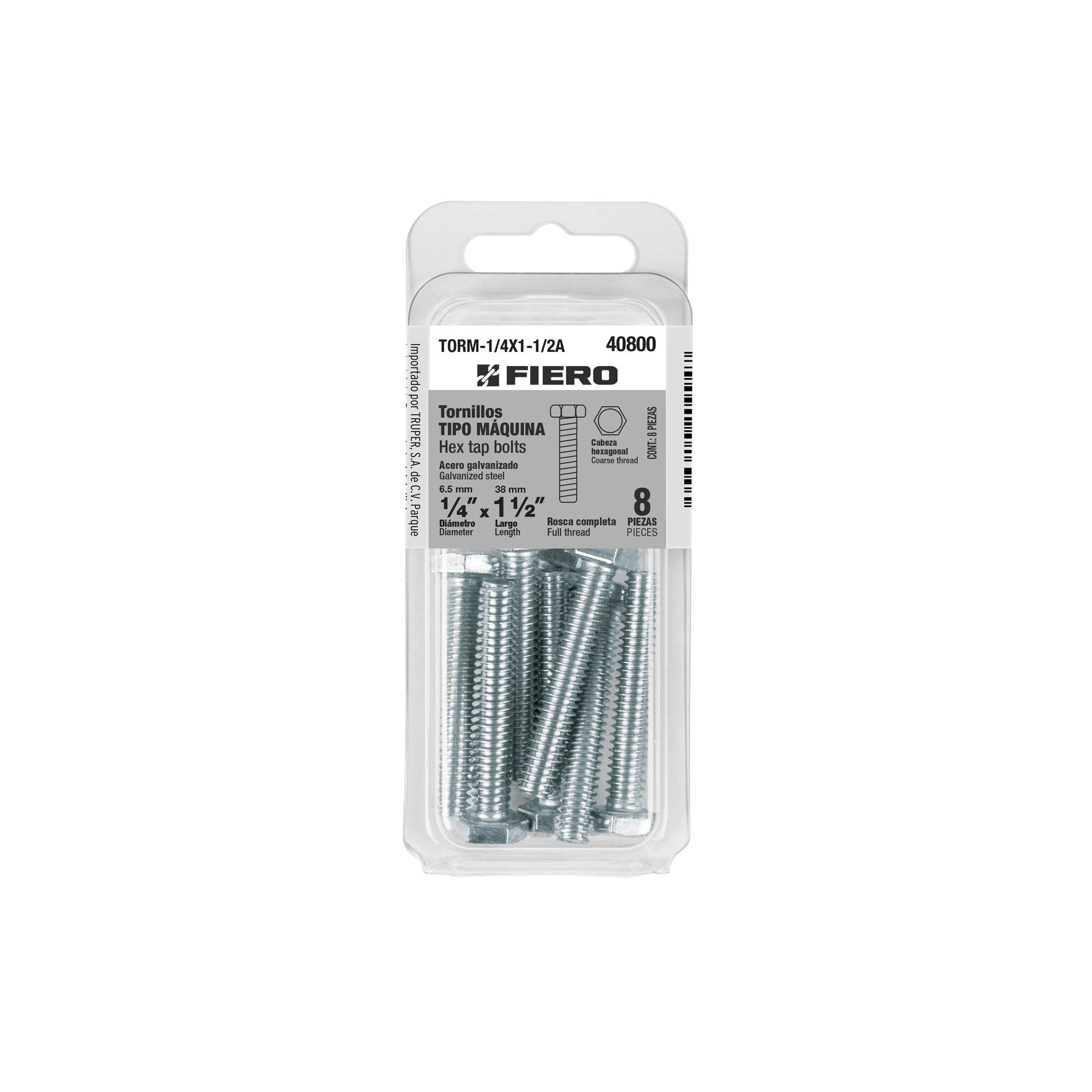 "BLÍSTER CON 8 TORNILLOS 1/4"" X 1-1/2"" TIPO MÁQUINA, FIERO"