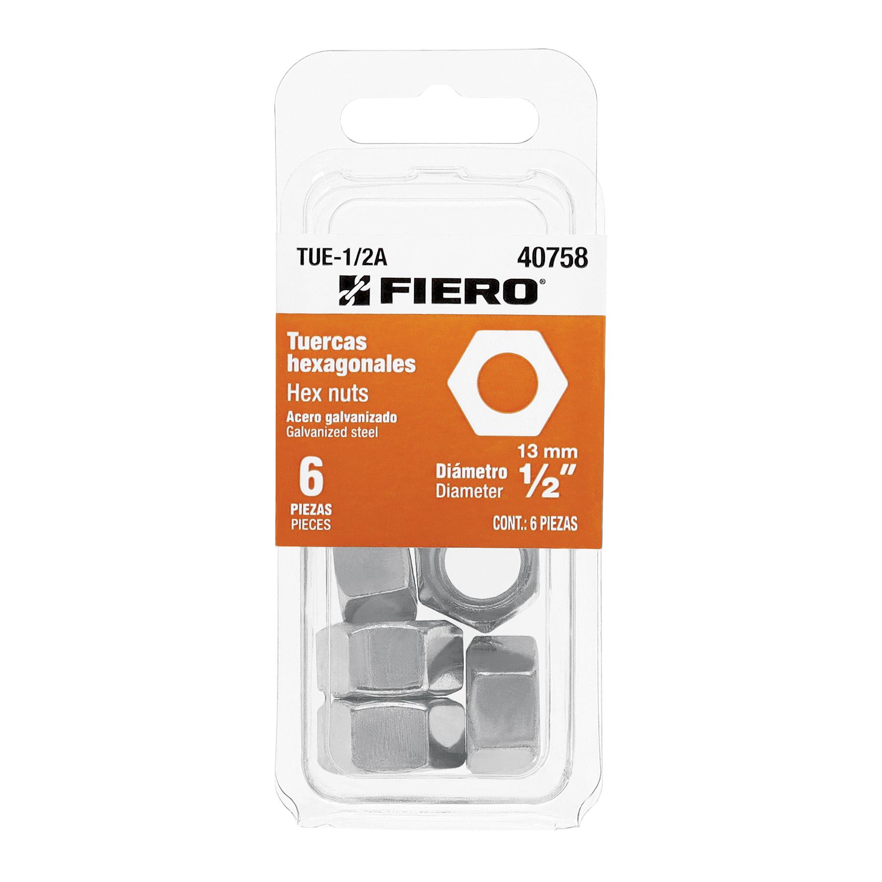"BLÍSTER CON 6 TUERCAS 1/2"" HEX DE ACERO GALVANIZADO, FIERO"