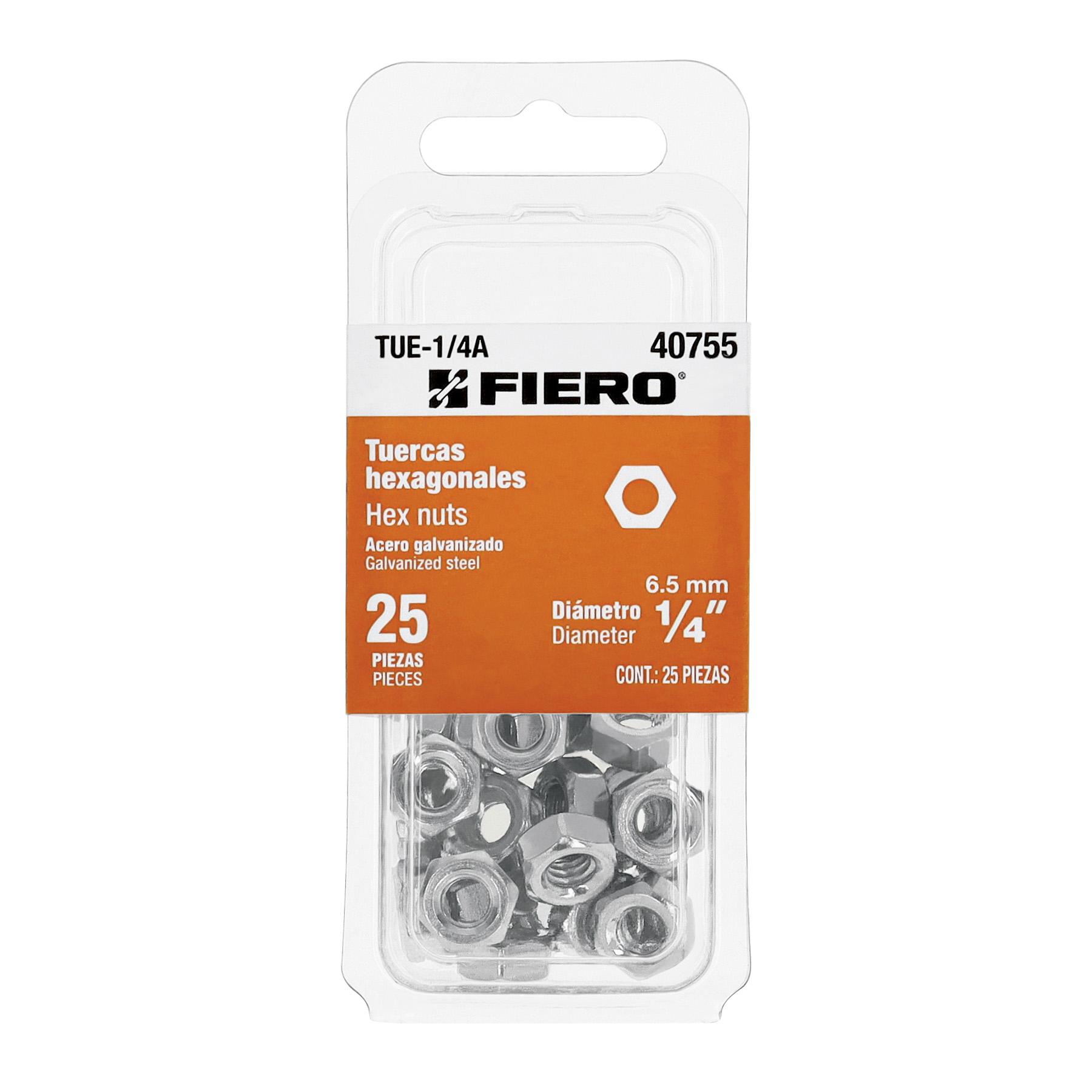 "BLÍSTER CON 25 TUERCAS 1/4"" HEX DE ACERO GALVANIZADO, FIERO"