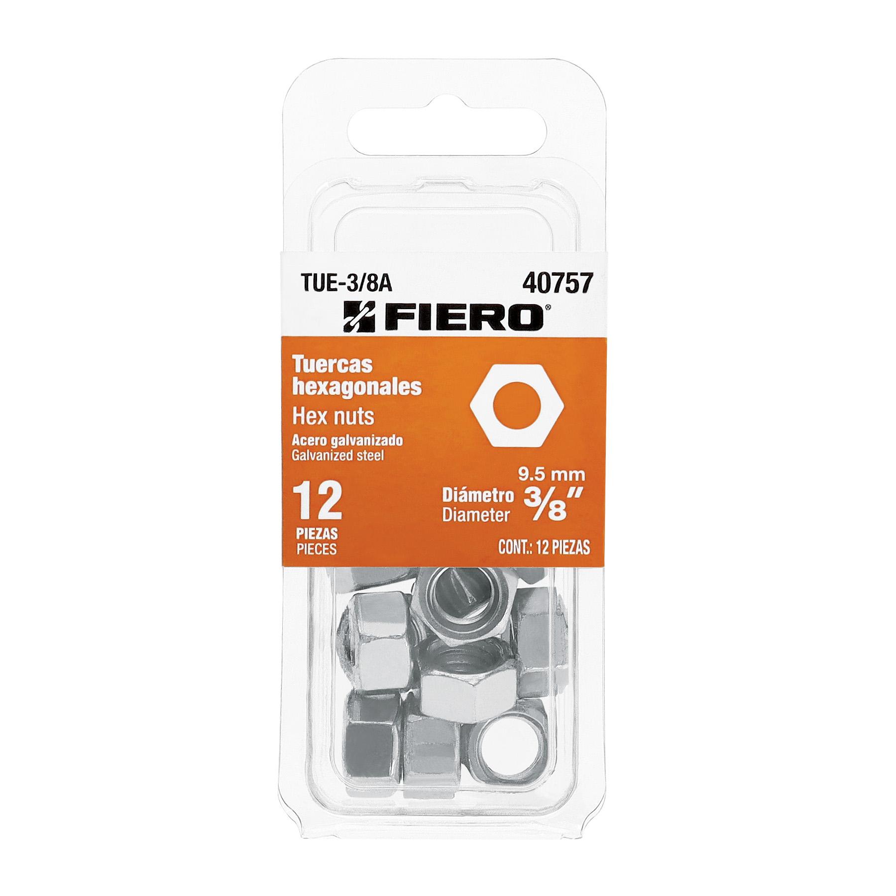 "BLÍSTER CON 12 TUERCAS 3/8"" HEX DE ACERO GALVANIZADO, FIERO"
