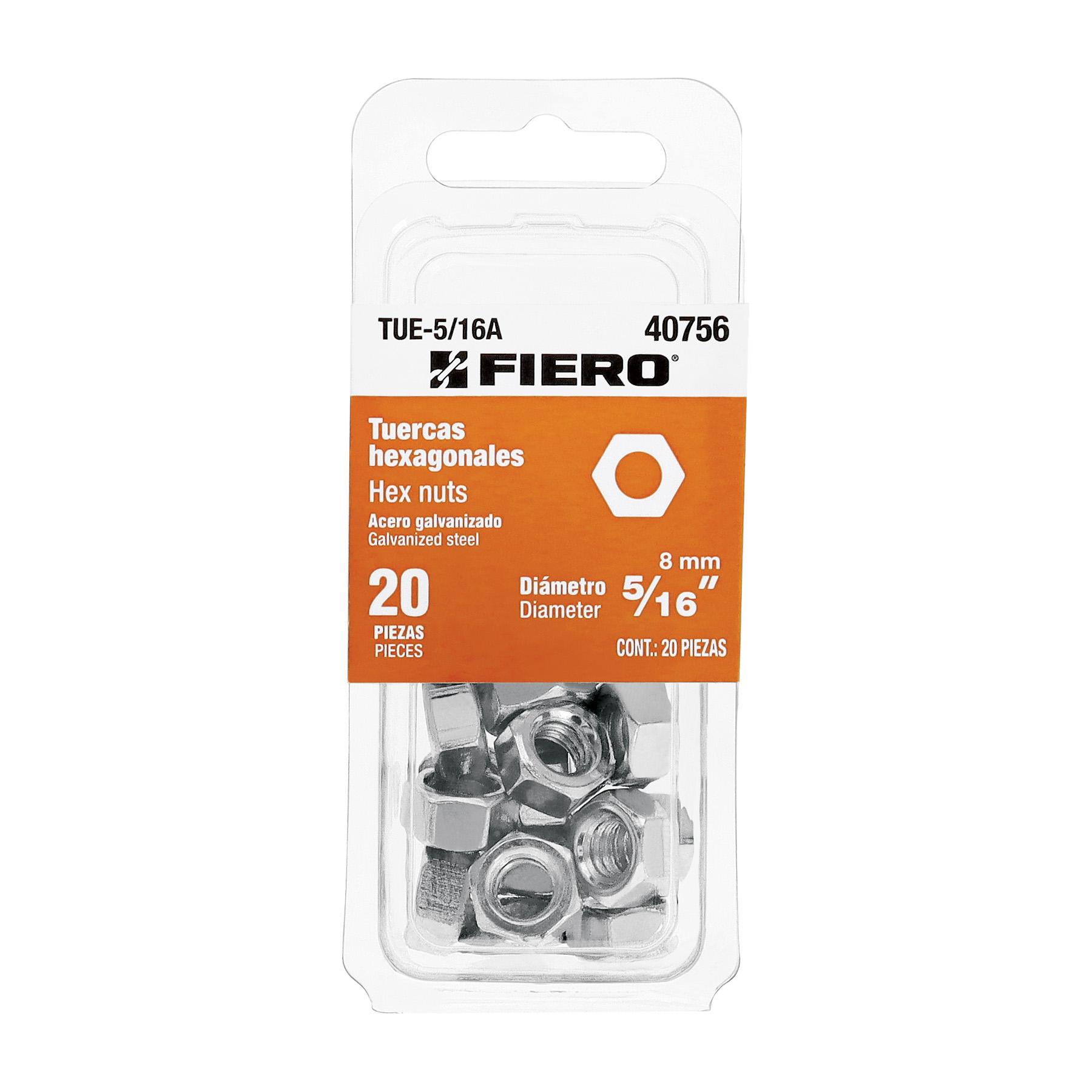 "BLÍSTER CON 20 TUERCAS 5/16"" HEX DE ACERO GALVANIZADO, FIERO"